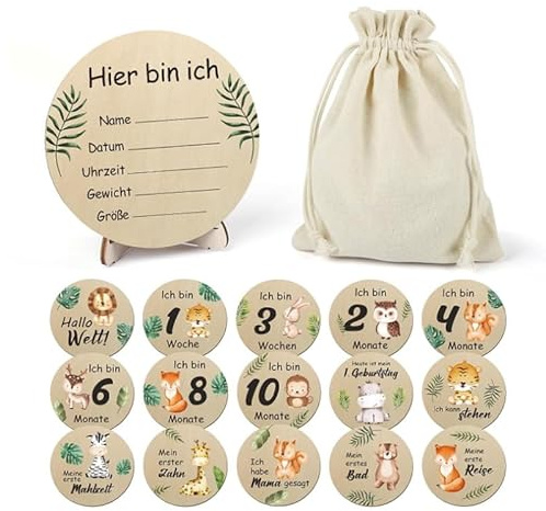15 Stück Meilensteinkarten Baby Holz Meilensteinkarten Schwangerschaft und Baby Holz Baby Monatskarten, mit Stand und Stoffbeutel, Geschenk zur Geburt Babyparty für Schwangere, Werdende Mütter, Eltern