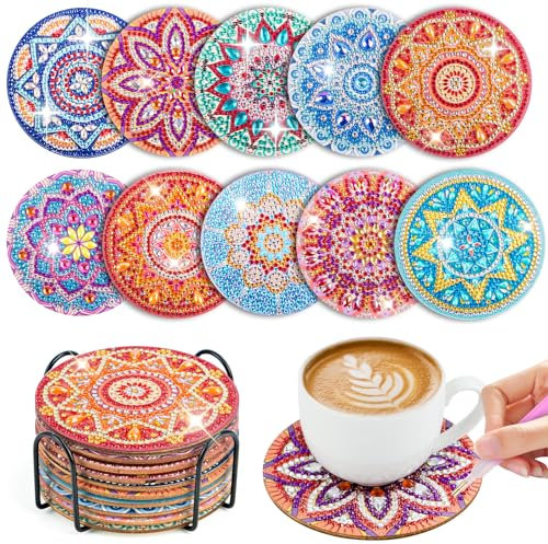 10 sottobicchieri con supporto per diamantini, per adulti, per fai da te, con mandala, antiscivolo, per principianti, adulti e bambini