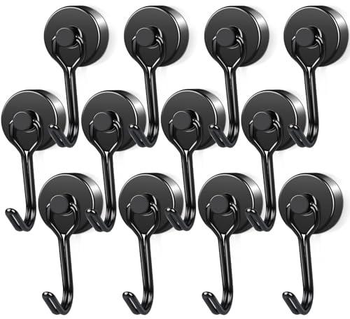 swihorab Magnethaken Extra Stark, 12Stück 20mm Neodym Magnet Hacken, Drehbar Magnetischer Haken rostfrei Metallhaken für Küche kühlschränke Schließfächer, Schwarz Neodym Magnete Haken Magnetisch
