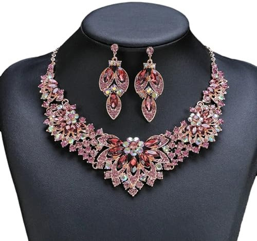 ALTCIRNMD Luxus-Statement-Schmuck-Sets Für Damen,Barocker Grüner Kristall,Blattform,Dubai-Schmuck-Sets Für Damen,Ohrstecker,Halsketten-Set,Bankett-Schmuck,Lila,Einheitsgröße