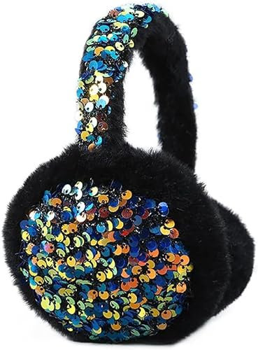 STETHI Ohrenschützer Damen Winter Ohrenwärmer Bling Glitzer Plüsch, Ohrenschützer Frauen Ohrenwärmer Flauschige Faltbare Ohrenschützer Winter Plüsch Ohrwärmer, für Frauen Mädchen (Schwarz)