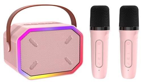 Karaoke Toys for Boys & Girls with 1/2 Microphones,Portable Karaoke Machine with LED Light,Bluetooth Speaker with Wireless Mics,Gifts for Kids & Adults Home Birthday Party,Outdoor (Double Mic,Pink)