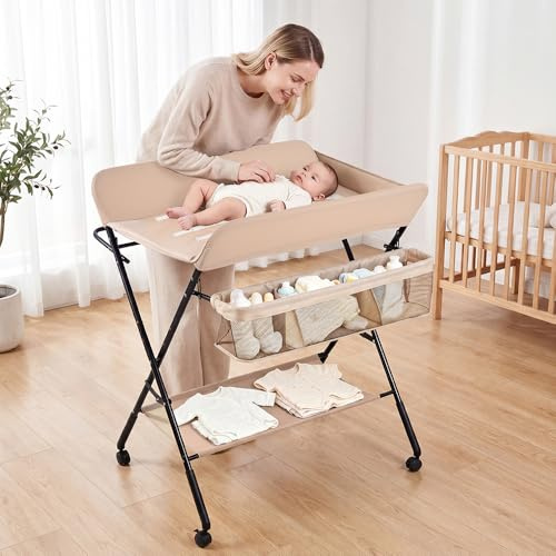Klappbarer Wickelkommode mit Aufbewahrungskorb - Für das Neugeborene Kleidung und Windeln Wechseln - Tragbarer Wickeltisch mit 4 Räder, Höhenverstellbar, 25 kg Max (80 * 66 * 98cm, Aprikose)