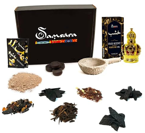 SAMSARA Kit Bakhoor completo - Profumo Arabo Donna | Profumi Arabi Uomo, Legno di OUD, Profumo per Capelli, Corpo e Indumenti | Made in DUBAI (KIT + OLIO)
