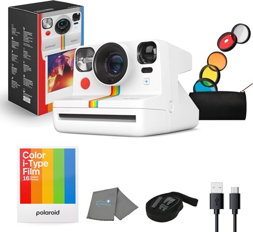 Polaroid Now+ - Cámara instantánea Gen 2, blanca, Bluetooth Now Plus, cámara de película con kit de filtro de lente de 5 piezas y bolsa, película de 8 colores, funciona con película Polaroid i-Type y
