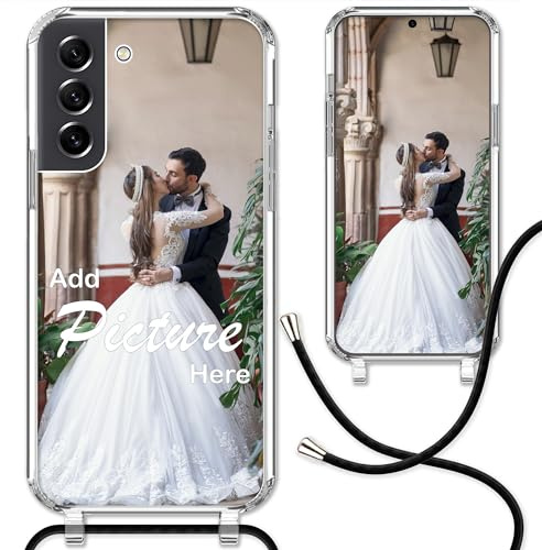 CoverHeld Hülle für Samsung Galaxy S21 FE Handyhülle mit Band selbst gestalten aus Silikon Hülle mit deinem Bild/Design personaliseren und einzigartig Machen/Handykette Kordel Band in Schwarz
