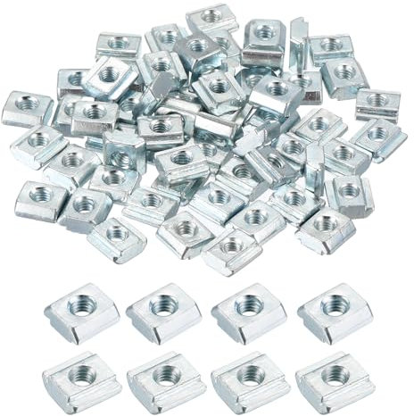 sourcing map 60Pcs M4 T Nut Tee Sliding Slot Nuts, T-Slot Nut Hammer Nut Block Square Nuts Fastener Carbon Steel Nickel Plated for Aluminum Extrusion Profile 2020 Series