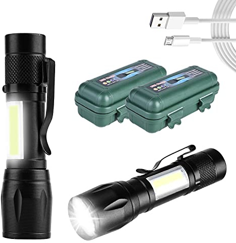 GAOUTO Lot de 2 lampes de poche LED, 2000 lumens, 3 modes, lampe de poche LED rechargeable avec lumière latérale COB extrêmement lumineuse, portable, étanche, mini lampe de poche LED en aluminium pour
