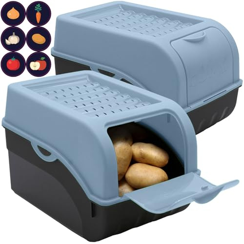 ARTECSIS® 2 x caja para patatas con tapa 4 kg (azul paloma), almacenamiento de verduras y alimentos con 6 etiquetas