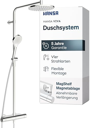 HANSA VIVA Duschsystem I Duscharmatur Komplettset aus Thermostat, Regendusche, Duschkopf mit Schlauch & Brausearm schwenkbar I MagShelf Magnetablage | Kopfbrause & Handbrause mit 3 Strahlarten | Chrom