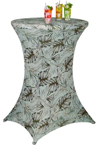 Stehtischhusse Ø80 cm Monstera Grün Stretch Tischbezug Bistrotisch Husse | BURI, Stehtischbezug, bis 110 cm Höhe, elastisch, pflegeleicht, Party, Hochzeit, Event, dekorativ, knitterarm
