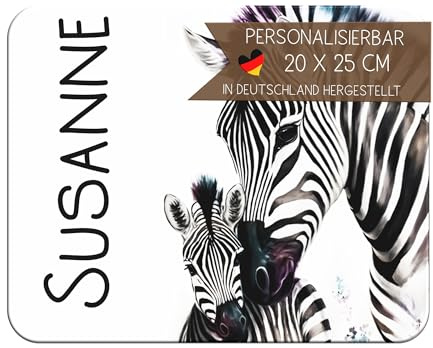 CreaDesign Personalisiertes Kinder Frühstücksbrett mit Namen, 20x25 cm, rutschfestes Schneidebrett aus Kunststoff, Zebra Design, spülmaschinen & mikrowellengeeignet, Schneidbrett für Kinder