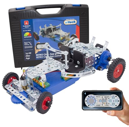 eitech Retro Car mit App-Steuerung - Metallbaukasten 00700, programmierbar | Kompatibel mit Arduino IDE, Modellauto 240 Teile, Roboter Bausatz fernsteuerbar, Elektronikbaukasten Kinder 12 13 14 Jahre