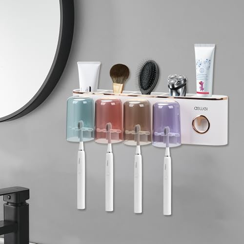 Zahnbürstenhalter Wand, Zahnpastaspender Mit 4 Becher, Zahnbürstenhalter Ohne Bohren Mit Ablage für Kinder und Familien, Hält 4 Zahnbürsten (4 Tassen Weißgold)