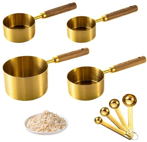Vyanveo Lot de 8 Measuring Cups et Cuillers à Mesurer en Acier Inoxydable 60 + 80 + 125 + 250ml Cup Cuisine Tasses à Mesurer avec Manche en Bois pour Mesurer Sec et Ingrédients Liquides