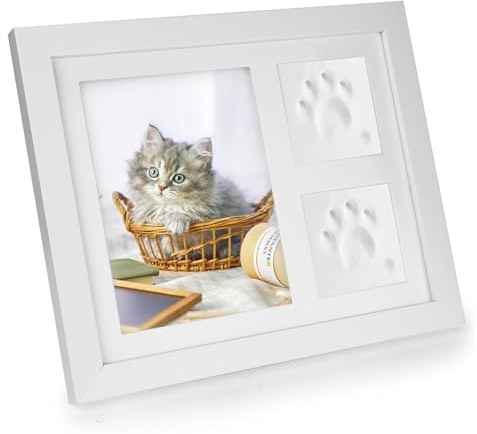 Mailfull Paw Print Set Hund och katt vit med träbildram 3D-gipsavtryck Babyhandavtryck och fotavtryck Set Lämpligt för husdjur nyfödda och present