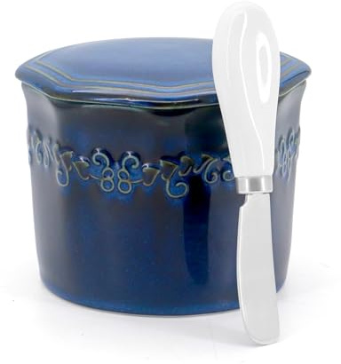 Seahelms Mantequera de cerámica con tapa y cuchillo, 250 g, mantequillera francesa con forro de agua, para mantequilla fresca, suave y untable