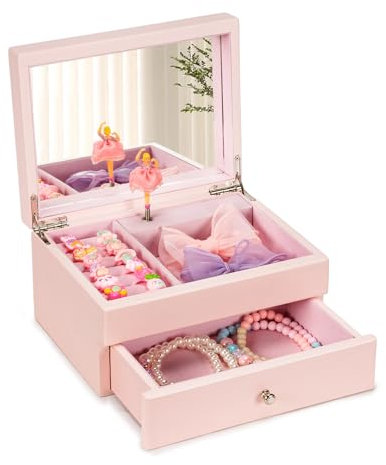 Emfogoo Musikalisches Schmuckkästchen für Mädchen, Kinder Spieluhr Schmuckkästchen aus Holz mit Drehender Ballerina, 2 Ebenen Schmuckbox Schmuckaufbewahrung Geschenk für Prinzessinnen (Rosa)