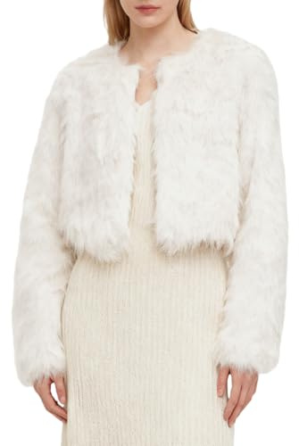Amazhiyu Pelzmantel Damen, Kunstfell Jacke Kurz Kunstpelz Mantel Felljacke Plüsch Pelzjacke Fleecemantel Langarm Faux Fur Coat Wintermantel Jacken Offenem Kragen Mit Taschen, Weiß, S