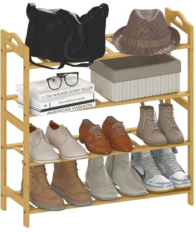 HOMCOM Zapatero de 4 Niveles Estantería para Zapatos de Bambú para 12 Pares de Zapatos para Entrada Pasillo Dormitorio 67,5x24,7x72 cm Natural
