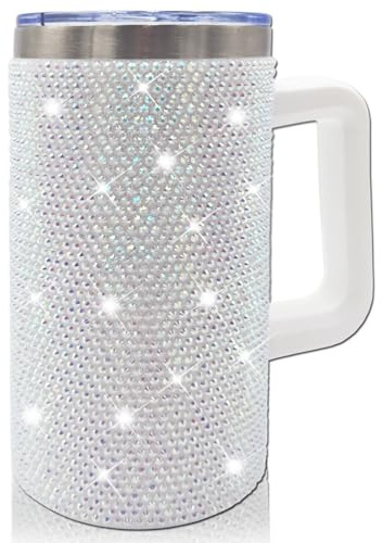 XMYAINA 20oz Bling Tumbler With Handle Stainless Steel Rhinestone Insulated Cup with Lid and Straw Double Wall Vacuum Coffee Cup Reusable Glitter Travel Coffee Mug for Cold and Hot (Milky White)