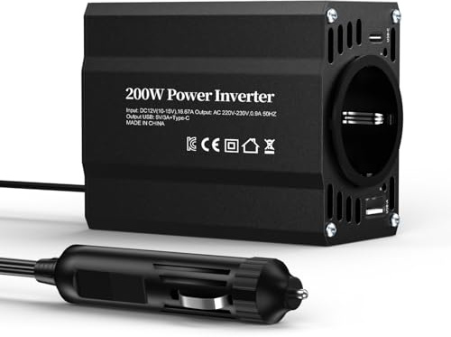 TAGEEBLU 200W inverter 12v 220v, inverter auto con 1 presa, tipo C 30W, ricarica rapida USB 20W