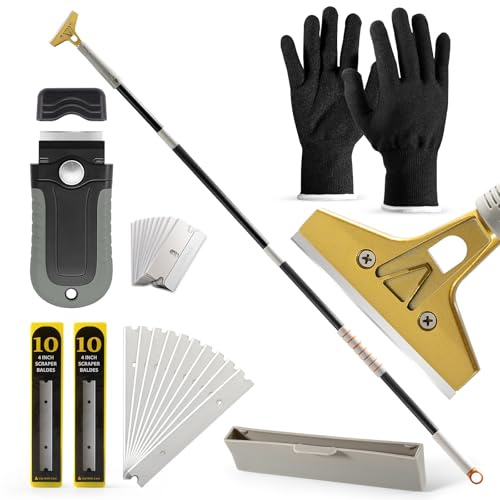 Gomake 4 Wide Razor Blade Scraper Tool with Adjustable 16''-58(1.3ft -4.8ft) Long Handle, 20PCS Extra Metal Blades, Cleaning Glass Wall Scraper, Painting stripping tools, Tile, Floors, Walls