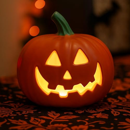 Halloween Kürbis, Halloween Deko Kürbis Laterne LED Windlicht, K-ürbis Beleuchtet Mit Gruselfaktor Multifunktional H-alloween Deko Led, Als Innen Herbstdeko Oder Garten-Deko Windlicht (A)