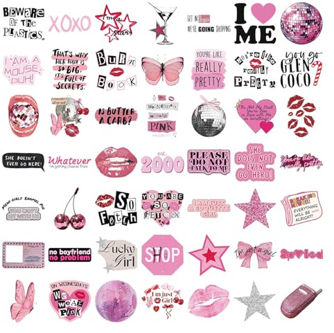 50Pcs Pink Aesthetic Stickers Pack, Waterproof Vinyl Decals for Laptop, Ebook Readers, Water Bottle, Skateboard, Scrapbook, Notebook, Journal, Guitar DIY - Y2K Cute Stickers for Students Girls Adults