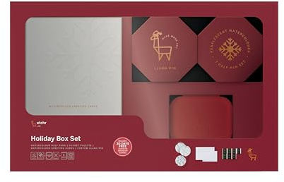 ETCHR Urlaubs-Aquarell-Geschenkset – Cranberry Edition | Taschenpalette in limitierter Auflage mit 7 festlichen Farben, 5 Grußkarten und Lama-Sammelnadel – Geschenk für Künstler