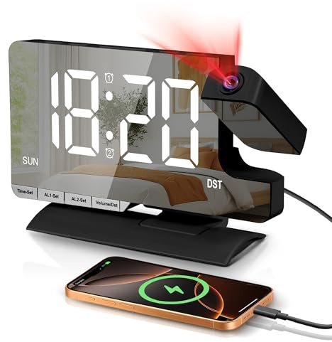 Sukeen Despertador con proyección, Despertador Digital con proyector Giratorio de 180°, Reloj Despertador con proyector de 7,3 Pulgadas con Doble Alarma, repetición, indicador del día de la Semana