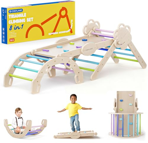 COSYLAND 8 en 1 Triángulo de Escalada Montessori con Arco y Rampa, Set Plegable Infantil, Juguete de Madera Resistente para Interior, Niños 18 Meses-6 años, Natural/Colores Fríos, Grande