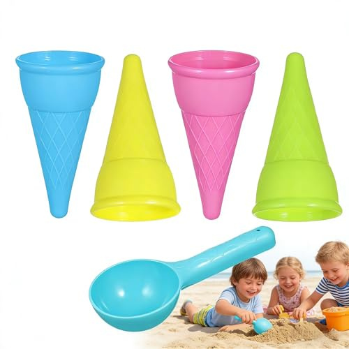 DYKeWei 10er-Set Eisformen mit Kugellöffel, Eiscremeförmige Sandspielzeuge, Bunte Eiswaffeln aus Kunststoff, Sandkasten Spielzeug Strandspielzeug für Kinder, 8 Eiswaffeln + 2 Eiswaffellöffel (A-5pc)