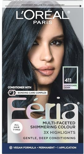 L'Oreal Paris Feria Multi-Faceted Shimmering Permanent Hair Color, 411 Downtown Denim, Pack of 1 Hair Dye Kit
