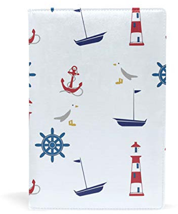 EZIOLY dehnbarer Buchumschlag mit Anker-Lichtturm-Motiv, passend für die meisten Hardcover-Lehrbücher bis 22,6 x 14,5 cm, klebstofffreier Stoff für Schulbücher Einfach anzubringen. Wash & Re-Use