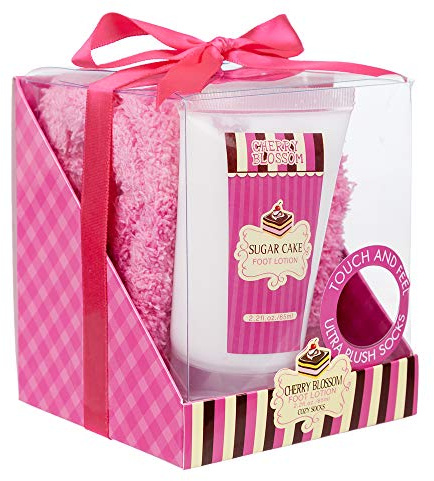 Ladies Cherry Blossom Pamper Gift Set for Women – Includes Moisturising Foot Lotion & Ultra Plush Cosy Socks in Pink Gift Box with Bow – Birthday Gifts for Her, Relaxation Spa Gifts