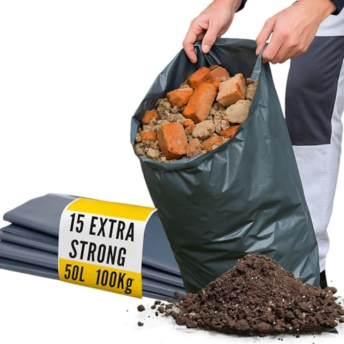 15 Sacos de Escombros Extrafuertes 50L - Bolsas para Obra y Jardín