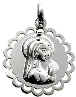 Inmaculada Romero IR Hängende Medaille Silber Gesetz 925m Jungfrau Mädchen 19mm. Lisa Zaun-Detail-Blütenblätter-Deck