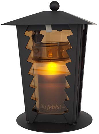 Grablaterne Stahl mit Parsolglas und Zackenfenstern inkl. LED-Kerze 21 cm (Schwarz)