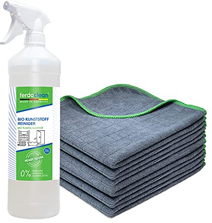 ferdoclean® 750 ml Bio Kunststoffreiniger GEL + 6 x Mikrofasertücher (40x40cm) 380 GSM | Kunststoff-Fenster, Fensterrahmen, Gartenmöbel uvm. | Reiniger für Kunststoff Oberflächen, Klebereste-Entferner