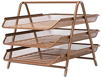OSCO Wiremesh Briefablage mit DREI Ebenen, für Dokumente, A4-Ordnung, Papier-Organizer, Schreibtisch-Aktenordner, einfache Montage, 26,5 x 27,8 x 35,5 cm (H x B x T), Roségold
