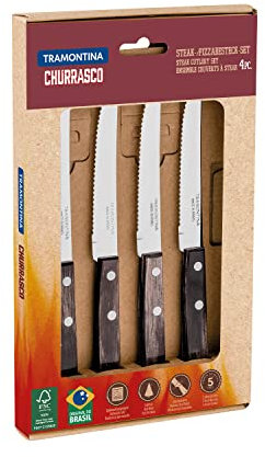 Tramontina - Juego de Cuchillos Churrasco, para Asado, en Acero Inoxidable y Mangos de Madera Polywood en Color Castaño, Cubiertos con Remaches de Acero Inox, 4 Piezas, Tamaño de 5