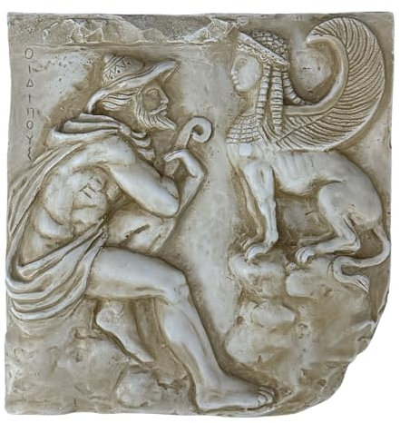 Oedipus & Sphinx Plaque Relief Wall Decor Sculpture Cast Stone Greek Mythology