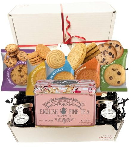 AST GIFTS Classic Afternoon Tea Hamper | Tea Bags in Tin, Buttery Biscuits, Strawberry & Raspberry Jam English Afternoon Gift Set for All
