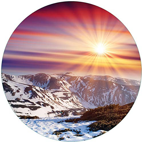 Wallario Glasbild rund Farbenfroher Sonnenuntergang im Winter - Schnee in den Bergen - Rund, 50 cm Durchmesser Wandbild Glas in Premium-Qualität: Brillante Farben, freischwebende Optik
