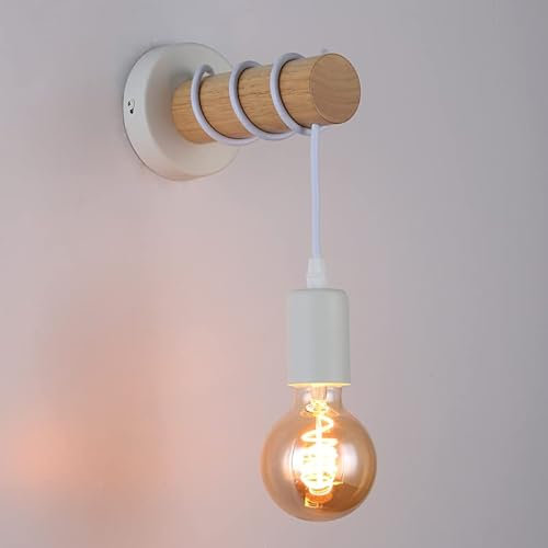 B·LED BARCELONA LED BarcelonaLED Applique da parete rotonda in legno naturale con attacco E27 bianco con cordino sospeso vintage nordico per corridoio camera da letto soggiorno