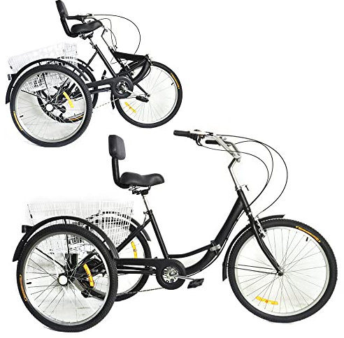 SanBouSi 24 Zoll Klapprad Dreirad für Erwachsene Klappbar 7 Gang Tricycle Radfahren Sattel mit Rückenlehne, Einkaufskorb für Erwachsene und ältere Menschen Schwarz