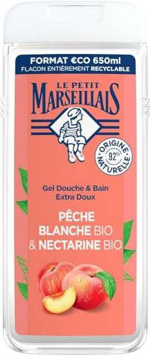 Le Petit Marseillais – Gel Douche Extra Doux Pêche Blanche Bio & Nectarine Bio (lot de 6 flacons de 250 ml) – 92 % d'ingrédients d'origine naturelle – pH neutre pour la peau et sans colorant