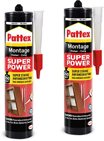 Pattex Montagekleber Super Power, Baukleber mit superstarker Anfangshaftung, Kraftkleber für saugende Materialien, Kleber für innen & außen, Aktionspack mit 2 x 370g, 9H PXS37