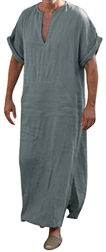 Abaya Musulmano Arabo Islamico Abbigliamento Casual Chic Musulmano Manica Lunga Caftano Uomo Lungo Bottone Alto Thobe Cotone Lino Scollo a V Manica Corta Tunica Top